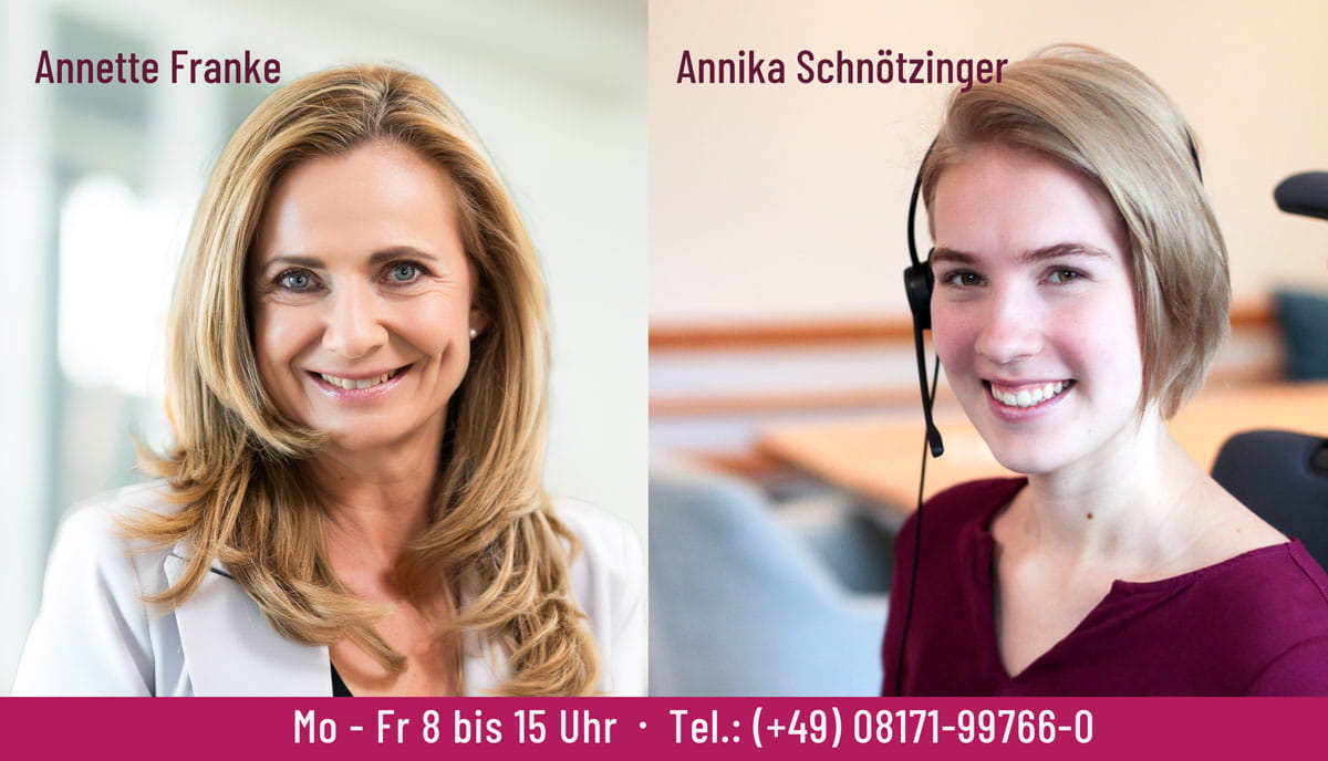 Annette Franke und Annika Schnötzinger im Porträt, darunter die Kontaktdaten von Welleat